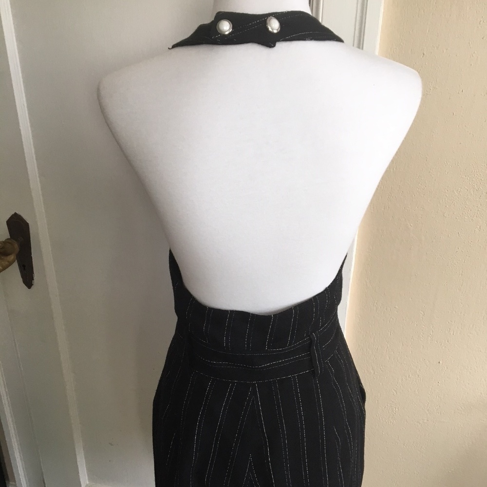 Halter Back Shorts Romper - Black Pinstripe
